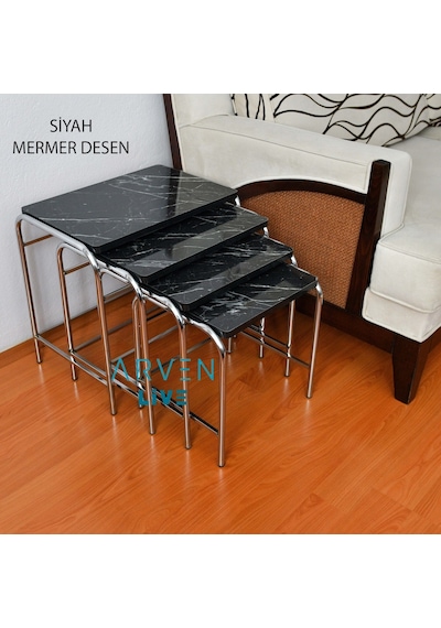 Renk Renk Mermer Desenli Parlak Mikelaj Ayaklı 4'Lü Zigon Sehpa (467864168)
