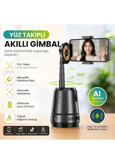 Aı Yüz Takipli Akıllı Gimbal Telefon Tutucu, Manyetik Kablosuz Şarj Destekli 360 Otomatik Döner Selfie Standı, Şarjlı Telefon Standı, Tripod Uyumlu İçerik Üretici Vlog Canlı Yayın Aparatı