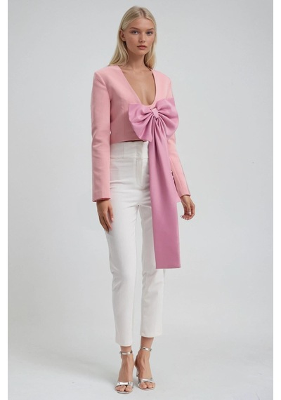 Büyük Fiyonk Detaylı Derin V Yaka Crop Blazer Ceket 6188 Pembe