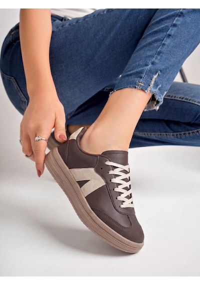Kadın Sneaker Yüksek Taban Ortopedik Bağcıklı Spor Ayakkabı Retro Kahve-011 Beyaz