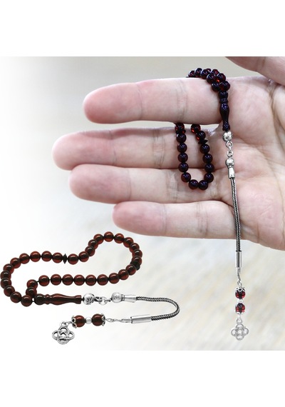 Tesbihane Damla Kehribar Tesbih - 925 Ayar Gümüş Püsküllü - Mini Boy - Koyu Kırmızı - Küre Kesim