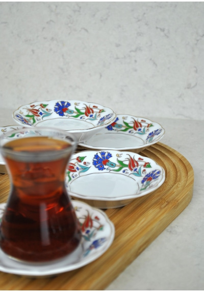 6'lı Porselen Çay Tabağı Lale Motifli Osmanlı Deseni Beyaz - mavi