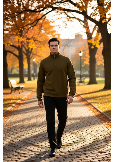 Benerly Erkek Dik Yaka Fermuarlı Standart Kol Regular Kalıp Sweatshirt Fo Yeşil