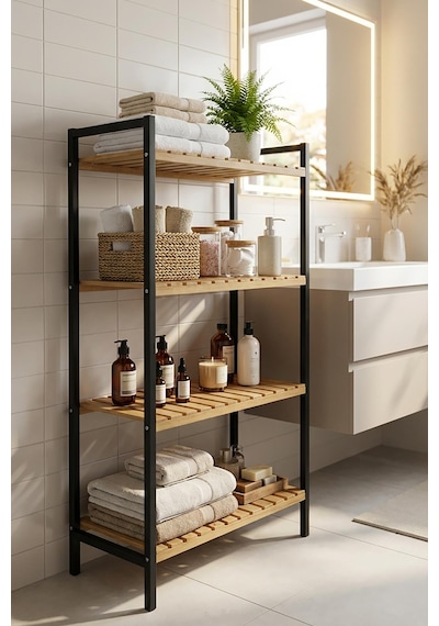 Exent Dekoratif Doğal Ahşap, 4 Katlı Çok Amaçlı Dolap, Mutfak Dolabı, Kiler Dolabı, Metal İskelet Ahşap Exent Dekoratif Doğal Ahşap, 4 Katlı Çok Amaçlı Dolap, Mutfak Dolabı, Kiler Dolabı, Metal İskelet Ahşap