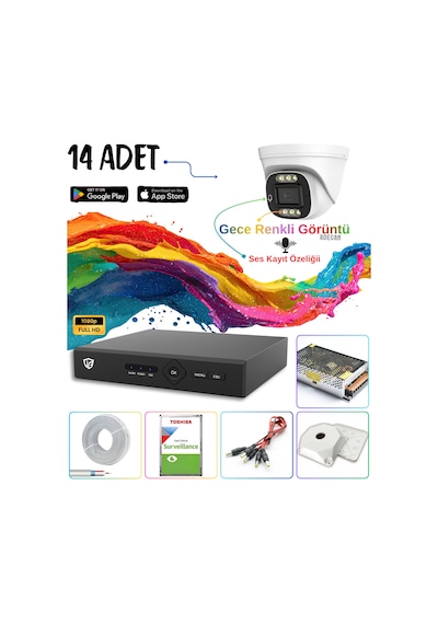 Adecam 14 Lü Full Hd Ahd Güvenlik Kamera Sistemi + 30 Gün Kayıt, Cepten İzleme - Gece Renkli & Sesli Set