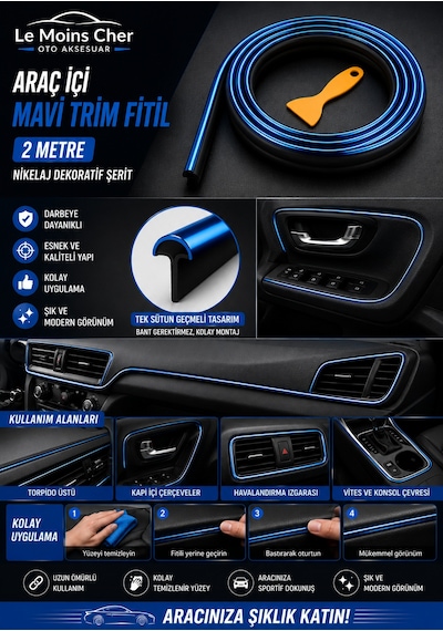 Volkswagen Crafter Panelvan Araç İçi Mavi Trim Fitil 2 Metre Nikelaj Dekoratif Şerit