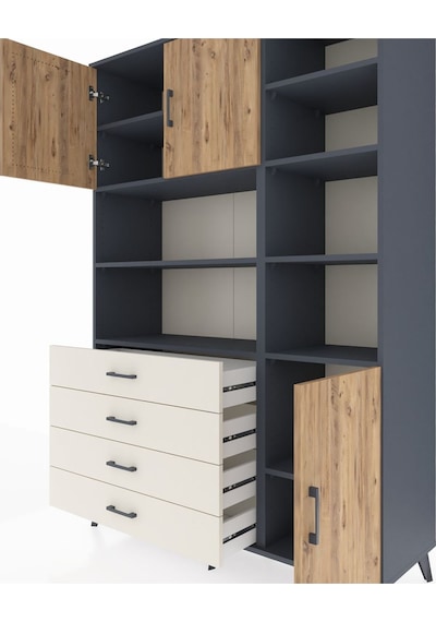 Hyperion Dolap 9 Raflı 4 Çekmeceli 3 Kapaklı 132x44x195 Antra... Antrasit
