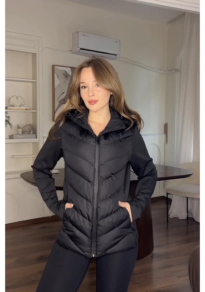 Prifaldi Siyah Kapüşonlu Şişme Mont Kışlık Slim Fit Rüzgar Geçirmez Fermuarlı Kadın Mont Siyah