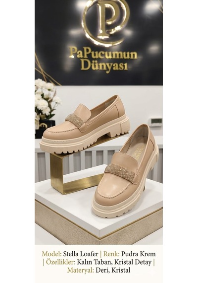 Papucumun Dünyası Önü Taşlı Yüksek Taban Kadın Loafer Krem