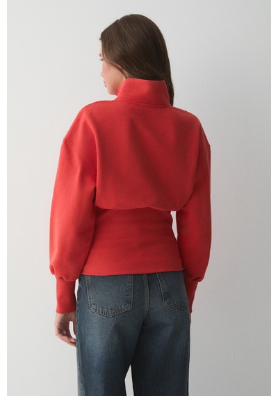 ETHIQUET VIVA DI Kadın Organik Pamuklu Beli Korseli Fermuarlı Kırmızı Sweatshirt