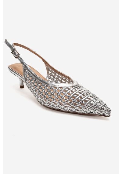 Luvishoes Orelıs Gümüş Örgü Desenli Kadın Kısa Topuklu Ayakkabı Gümüş