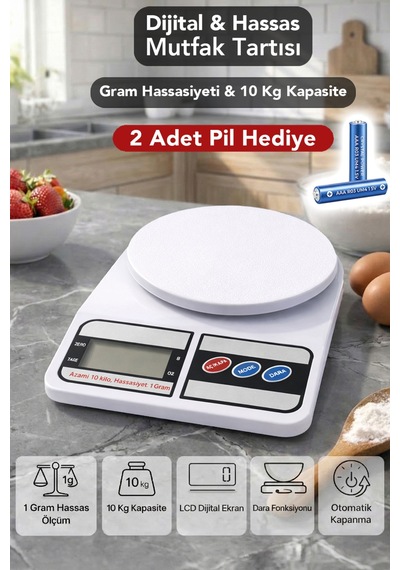 Hassas Mutfak Tartısı - 10kg Mutfak Terazisi Hassas Ölçüm Lcd Diijital Ekran Pil Hediyeli Beyaz