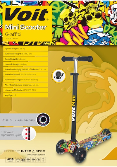 Voit Işıklı Tekerlekli Scooter 5 Yaş Üzeri, Zil Ve Grafiti Tasa