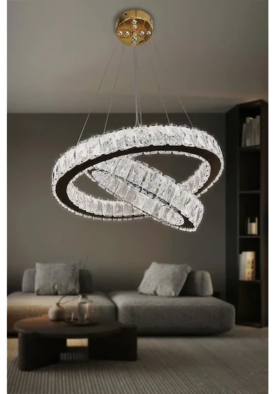 2 Katlı Daire Kristal Taşlı Modern Led Avize Salon Avizesi Renkli