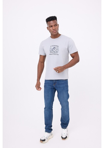 Marıne Tee Deniz Temalı Ribana Bisiklet Yaka Pamuk T-shirt-3138 Gri
