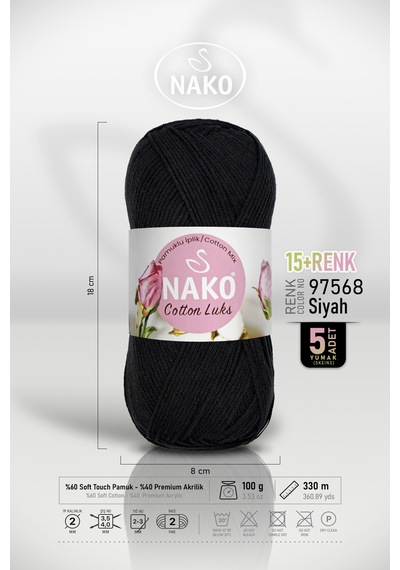 Cotton Lüks - 97568 Siyah - 5'li Paket - 100gr/330m - Pamuklu Hırka Yelek Amigurumi İpi