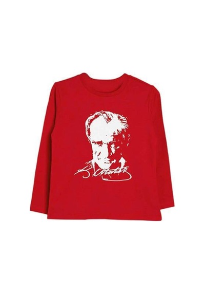 Unisex Atatürk Baskılı Uzun Kol T-shirt-8910 Kirmizi