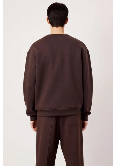 Benerly Erkek Bisiklet Yaka Düşük Kol Oversize Kalın Nakışlı Sweatshirt F Kahverengi