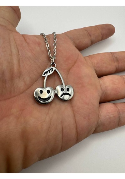 Sad And Happy Mutlu Ve Mutsuz Cherry Figürlü Unisex Kolye 60 Cm Zincirli Renkli Tasarım Takı Çok renkli