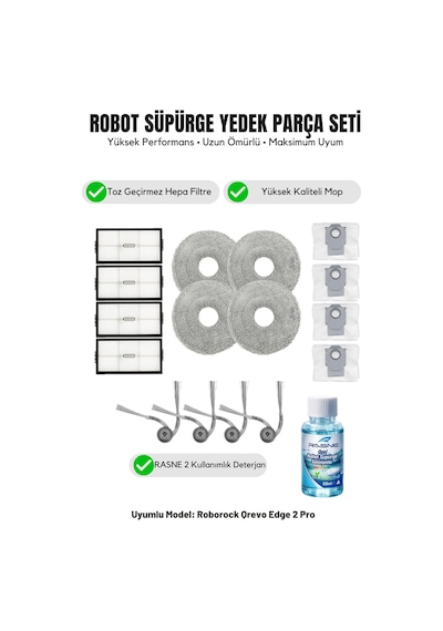 Roborock Qrevo Edge 2 Pro İle Uyumlu 4 Yan Fırça 4 Filtre 4 Mop 1 Deterjan 4 Toz Torbası 6.0