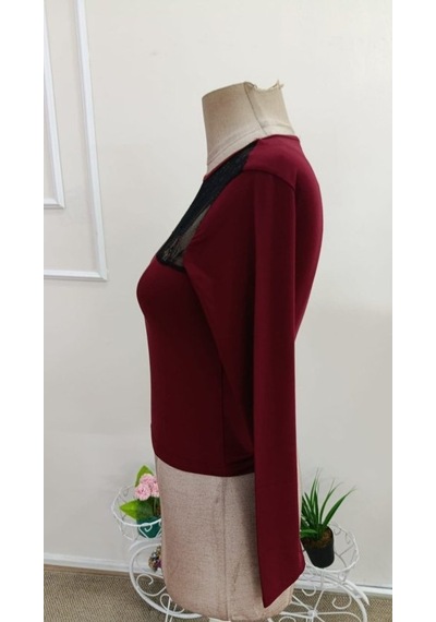 Bhrwear Kadın Uzun Kollu Yuvarlak Yakalı Dantel Detaylı Asimetrık Kesim Detaylı Viskon Bluz Renkli