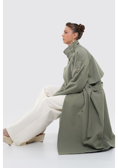 Thalure Kadın Açık Haki Dik Yaka Oversize Trençkot