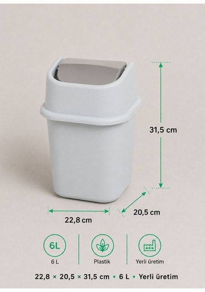 Gri Sallanır Kapaklı Çöp Kovası 6 L - Çalışma Masası Kenarı Ve Banyo İçin Pratik Atık Kutusu