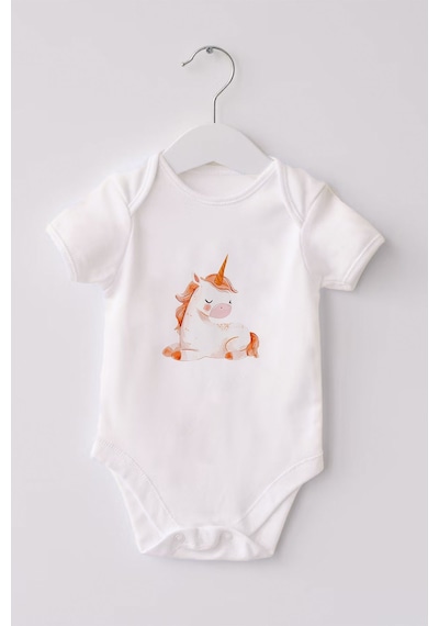 Lilabio %100 Organik Pamuk 3'lü Baskılı Kısa Kollu Bebek Body Unicorn Beyaz