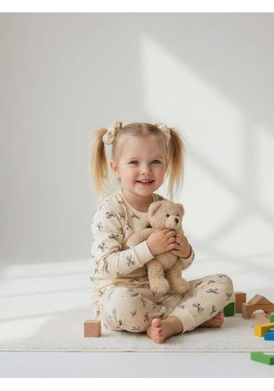 Kız Çocuk Pamuklu Fiyonklu Pijama Takımı-16829 KREM