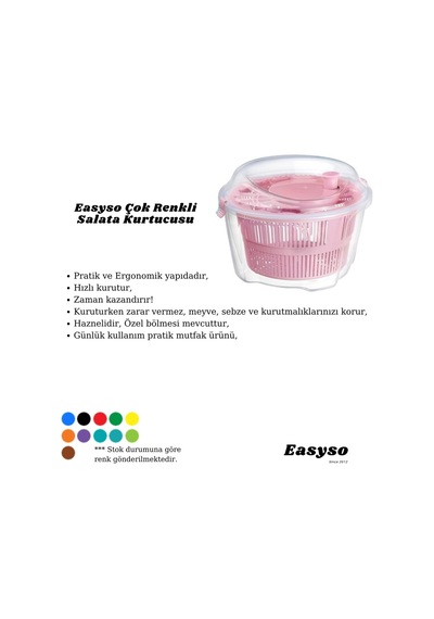 Easyso Salata Kurutucu, Standart, 3875 Çok Renkli 4.4l Sebze Salata Kurutma Makinesi Çevirmeli Kurutucu Salatacı Diğer