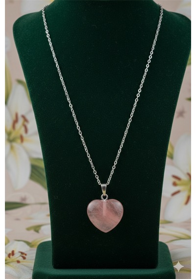 Doğal Pembe Kuvars Taşı Kalp Kolye - Aşk Ve Sevgi Taşı Açık Pembe