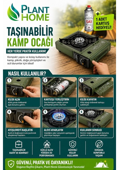Taşınabilir Kamp Ocağı Kartuşlu & Tüplü Kullanım 1 Adet Gaz Kartuş Hediyeli Portatif Piknik Kamp Ocak Çok Renkli