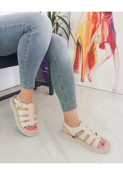 Bej Renk Kafes Model Padli Taban Kadın Sandalet 001