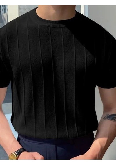 Veraura Lifestyle Erkek Kısa Kollu Bisiklet Yaka Çizgili Triko Tişört Siyah