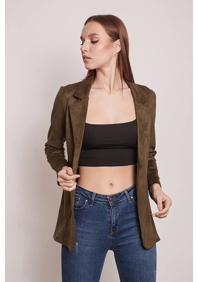 Süet Kumaş Cep Detaylı Düğmeli Şık Blazer Ceket-haki Haki