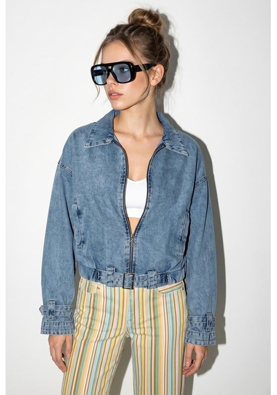 Shade Kadın Fermuarlı Kemer Detaylı Oversize Denim Ceket 3667 60286206 - Buz Mavisi