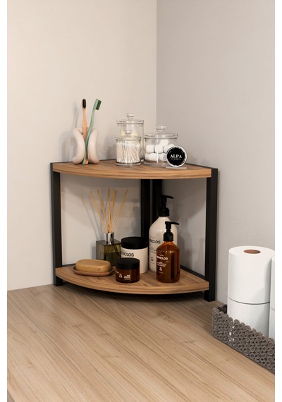İki Raflı Banyo Köşe Oval Düzenleyici Organizer Raf Metal Gövdeli Çok Amaçlı Banyo Standı Atlantik Çam