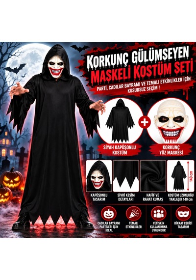 Storeşahin Kanlı Gülüş Maskeli Siyah Kapüşonlu Kostüm Seti 140 Cm Shn0720 Diğer