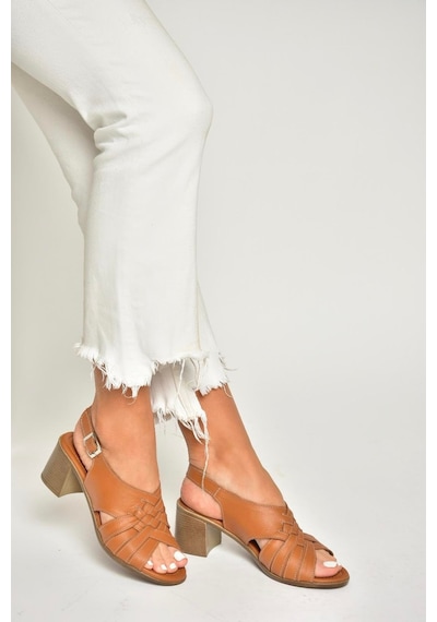 Fox Shoes P555453803 Taba Hakiki Deri Kalın Topuklu Kadın Sandalet Taba-hakiki Deri Taba