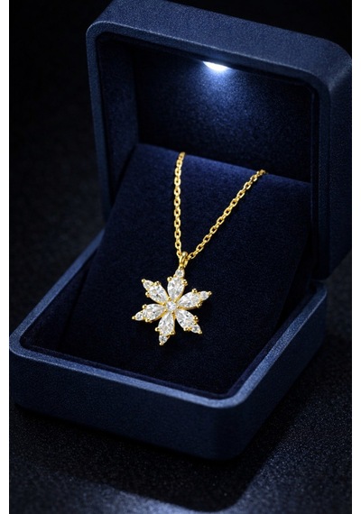 Çekirdekjewelry Altın Kaplama Kar Tanesi Kolye Işıklı Kutulu, Zirkon Taşlı Şık Kadın Kolye Sarı