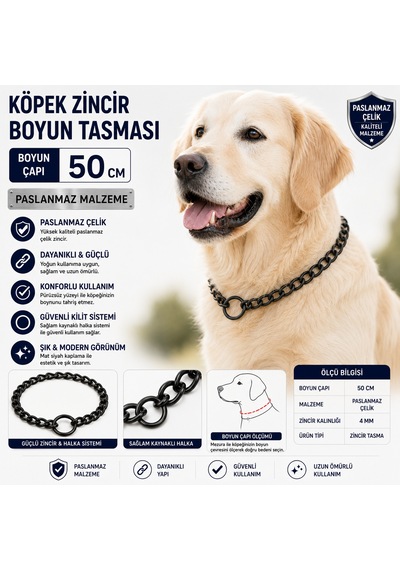 Köpek Zincir Boyun Tasması 50 Cm Paslanmaz Çelik 4 Mm Kalınlık - Siyah Çok Renkli
