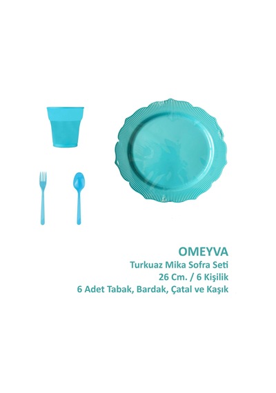 Omeyva 26 Cm. Plastik Mika Turkuaz Sorfa Piknik Seti - 6 Kişilik Tabak Bardak Çatal Kaşık Takımı