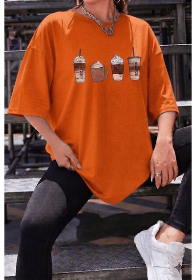 Coffee Lover Baskılı Unisex Oversize T-shirt - Büyük Beden Seçenekli Turuncu