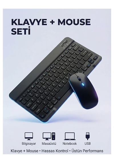 Kablosuz Bluetooth Klavye Ve Dongle Lı Mouse Seti Şarjlı Klavye Ve Fare Kombinasyonu Siyah