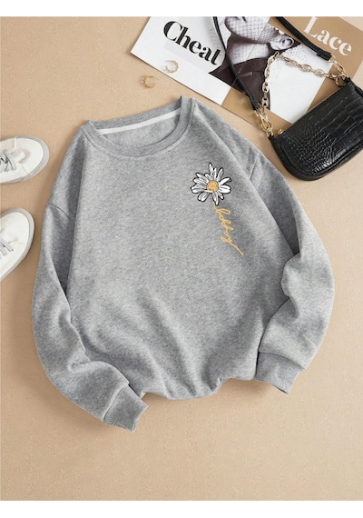 Startmore Gri Kadın Happy Daısy Özel Renkli Oversize Bisiklet Yaka Pamuklu