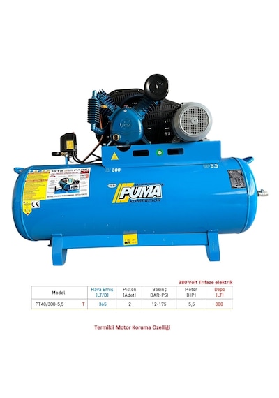 Puma PT40/300-5.5 300 L 5.5 HP 12 Bar 2 Piston 380 V Döküm Kafa Kompresör