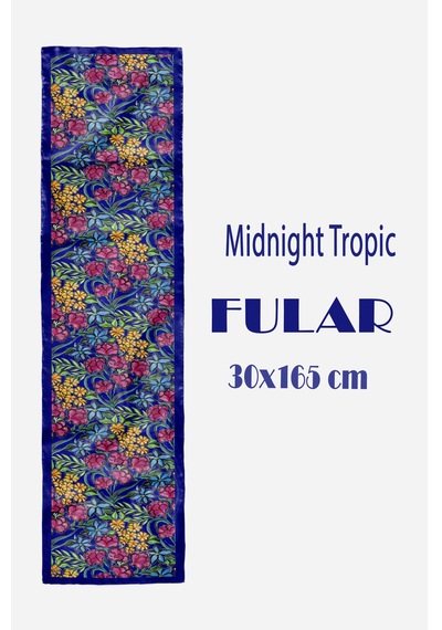 Midnight Tropic Desen Şık & Zarif Kadın Aksesuarı Saten Fular 30x165cm Çok Renkli