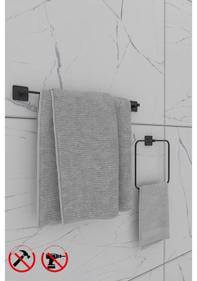 Alper Banyo Jasmin Kare Siyah Yapışkanlı 2'li Set - Uzun Havluluk Kare Havluluk Siyah