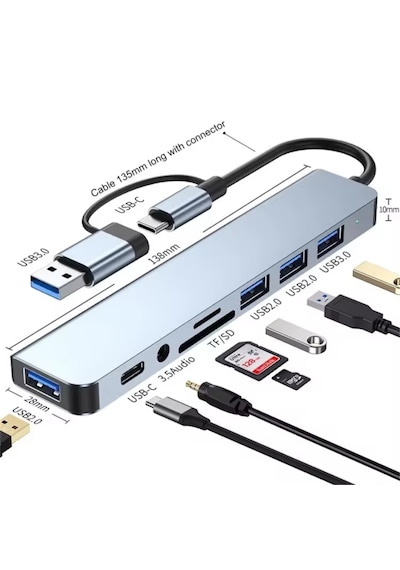 Alfais 6010 8 İn 2 Usb-c & Usb 3.0 Hub Çoklayıcı Usb, Type-c, Sd/tf Ve Aux Çevirici