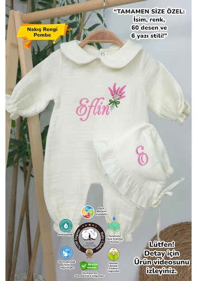 Gros Shop Müslin Yeni Doğan 4katlı Organik %100pamuk Kişiye Özgü Nakışlı Hastane Çıkış Seti Lavanta Modeli Ekru